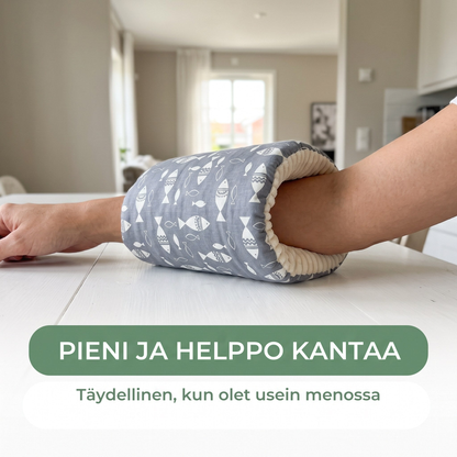 Käsityyny kyynärvarrella, pieni ja helppo kantaa mukana