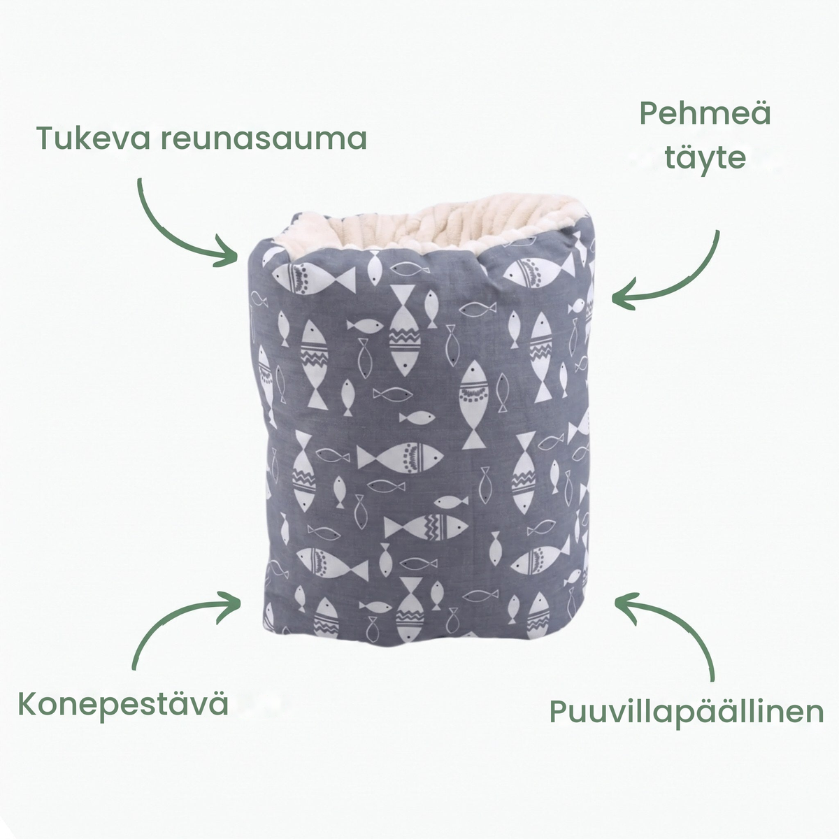 Käsityynyn ominaisuudet: reunasauma, pehmeä täyte, pestävä, puuvillaa