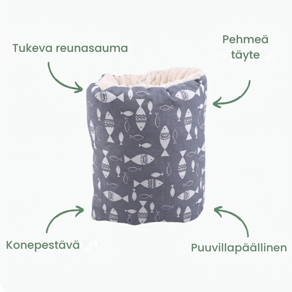 Käsityynyn ominaisuudet: reunasauma, pehmeä täyte, pestävä, puuvillaa