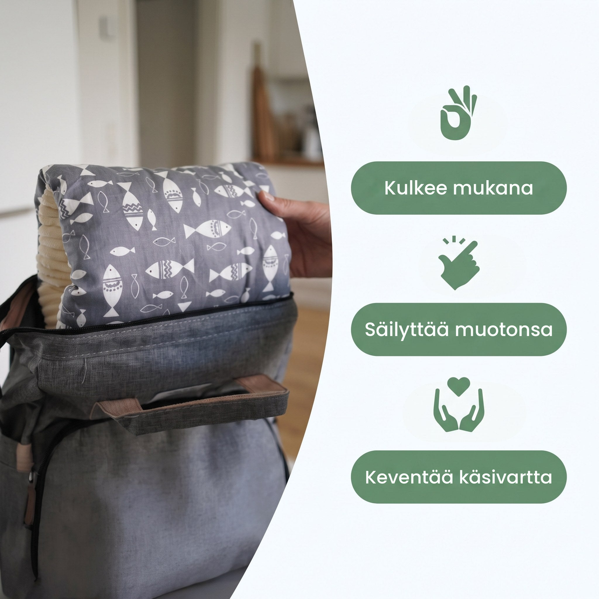 Käsityyny mahtuu hoitolaukkuun ja säilyttää muotonsa