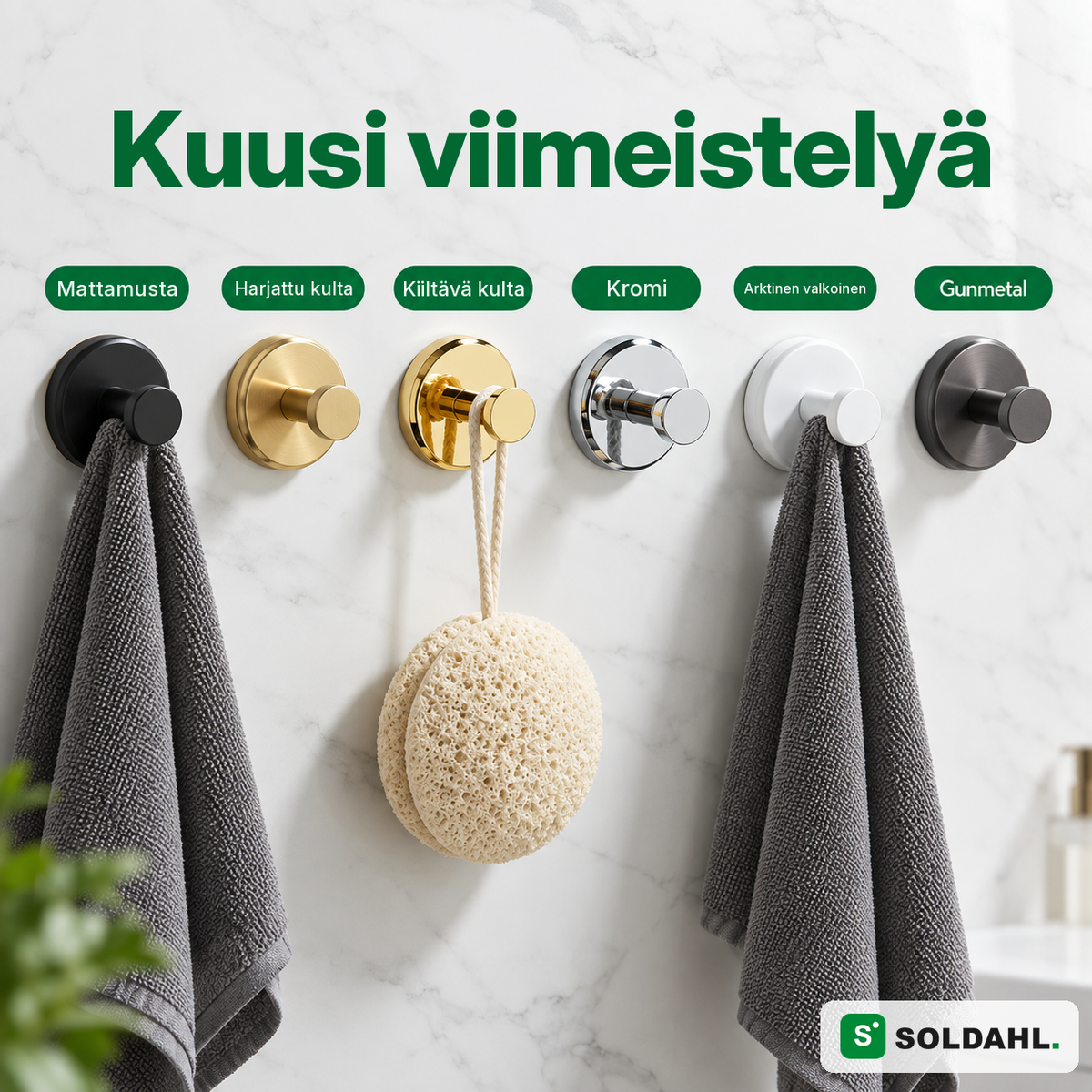 Kvarsitt kuutena viimeistelynä: mattamusta, harjattu kulta, kiiltävä kulta, kromi, arktinen valkoinen ja gunmetal