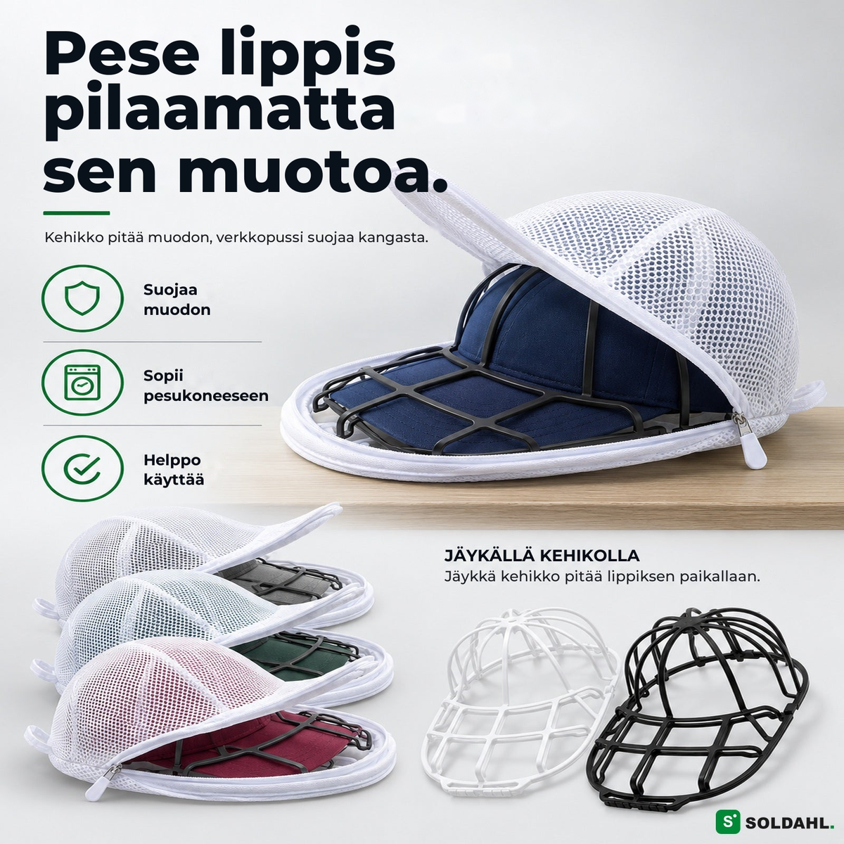 Kepsform-pesukehikko ja tummansininen lippis verkkopussissa, pese lippis pilaamatta sen muotoa