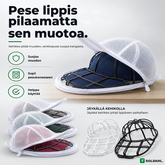 Kepsform-pesukehikko ja tummansininen lippis verkkopussissa, pese lippis pilaamatta sen muotoa