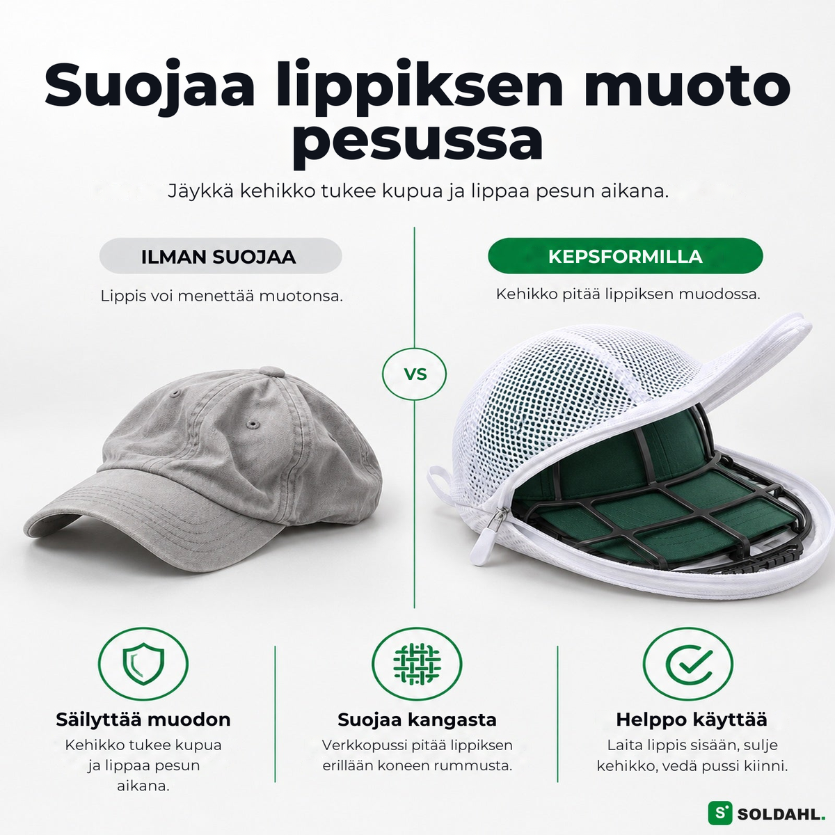 Kepsform-vertailu: lippis ilman suojaa vs. lippis jäykässä kehikossa verkkopussin kanssa