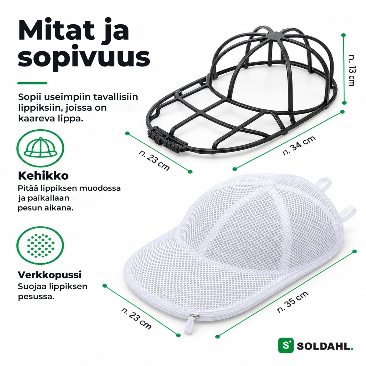 Mitat ja sopivuus: kehikko n. 34 x 23 x 13 cm ja verkkopussi n. 35 x 23 cm
