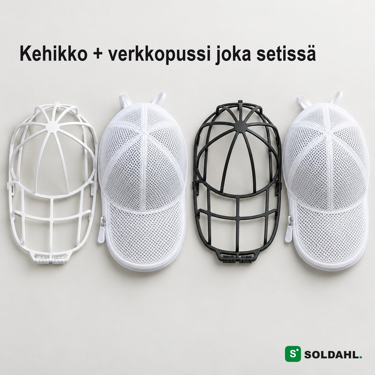Mitä sisältyy: valkoinen ja musta kehikko, kummallakin oma valkoinen verkkopussi, ylhäältä kuvattuna