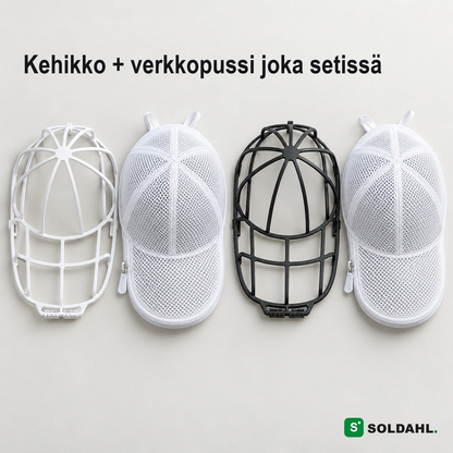 Mitä sisältyy: valkoinen ja musta kehikko, kummallakin oma valkoinen verkkopussi, ylhäältä kuvattuna