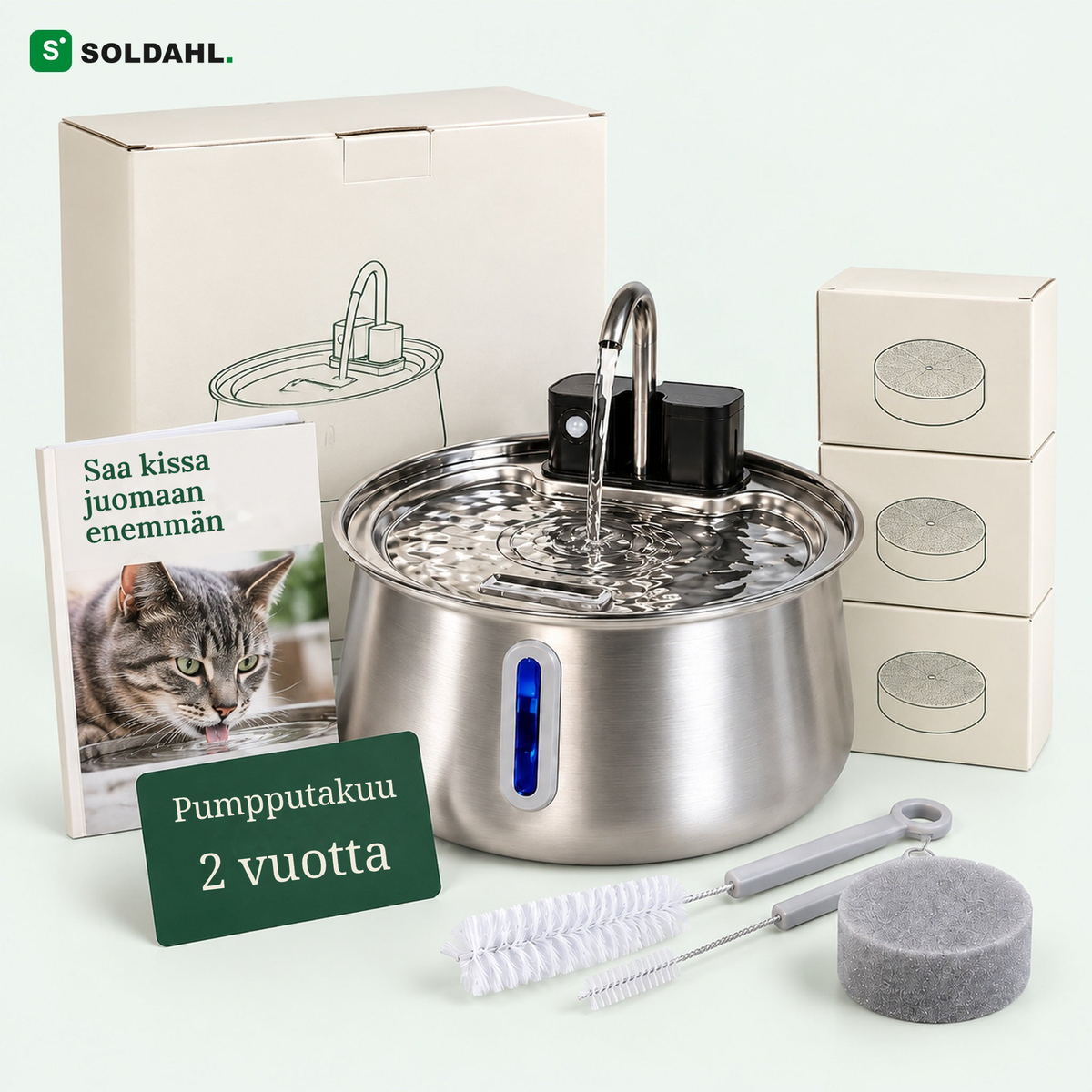Soldahl kissan juomalähde ruostumatonta terästä, suodattimet, puhdistussetti, e-kirja ja 2 vuoden pumpputakuu