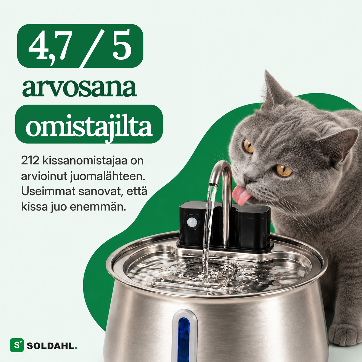 Kissa juo johdottomasta juomalähteestä, arvosana 4,7/5