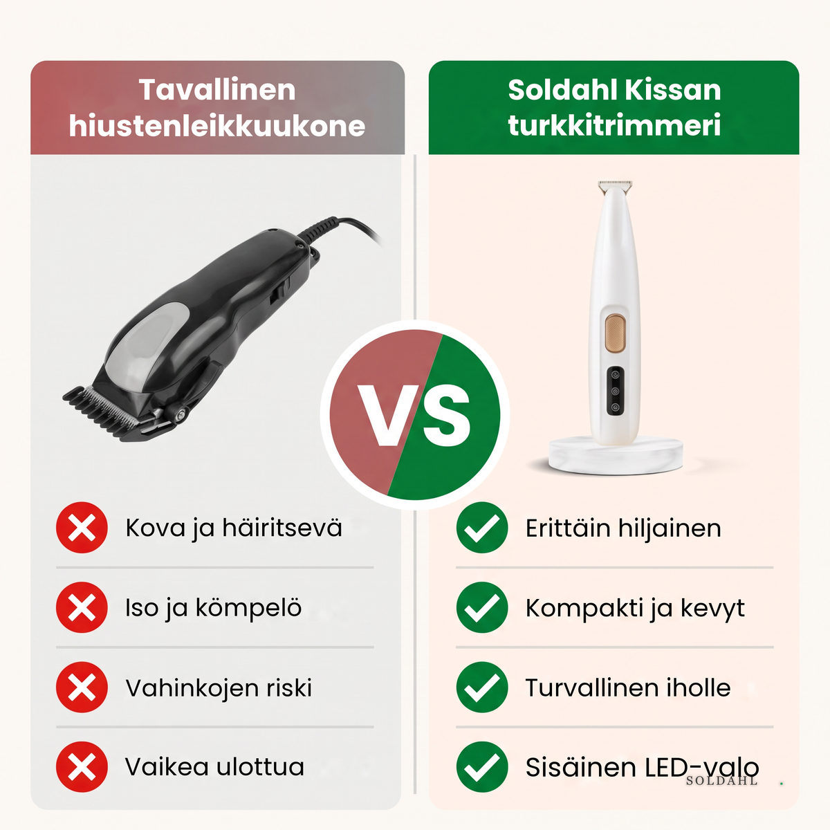 Soldahl kissan turkkitrimmeri vs. tavallinen hiustenleikkuukone