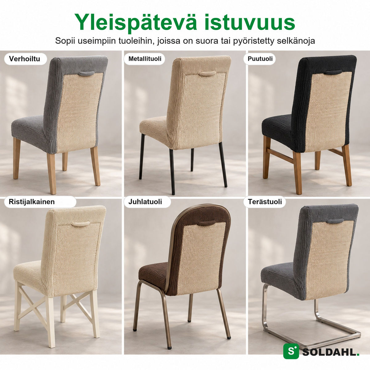 Yleispätevä istuvuus, kuusi erilaista tuolityyppiä Soldahl Klöra -tuolinpäällisellä