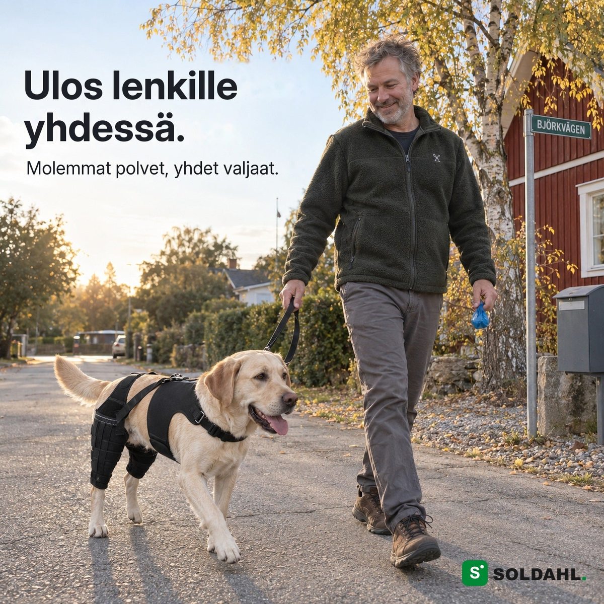 Mies kävelyttää labradoria, jolla on Lunkro-polvituki, omakotitaloalueen kadulla