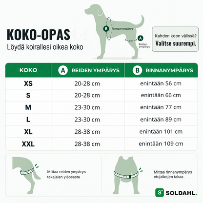 Lunkron kokotaulukko, koot XS-XXL reiden ympärysmitan ja rinnanympäryksen mukaan