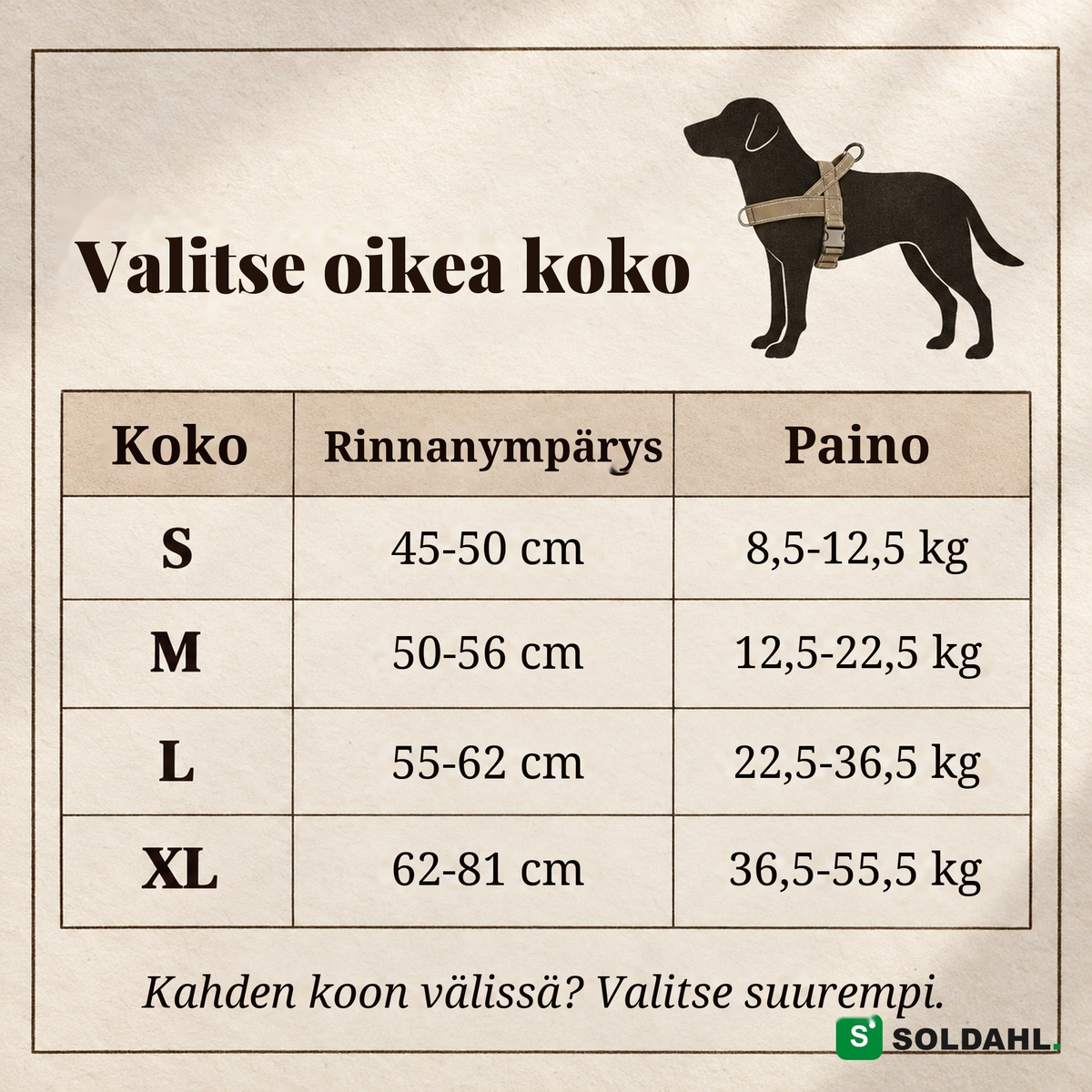 Vetoa estävien valjaiden kokotaulukko: S, M, L ja XL rinnanympäryksen ja painon mukaan