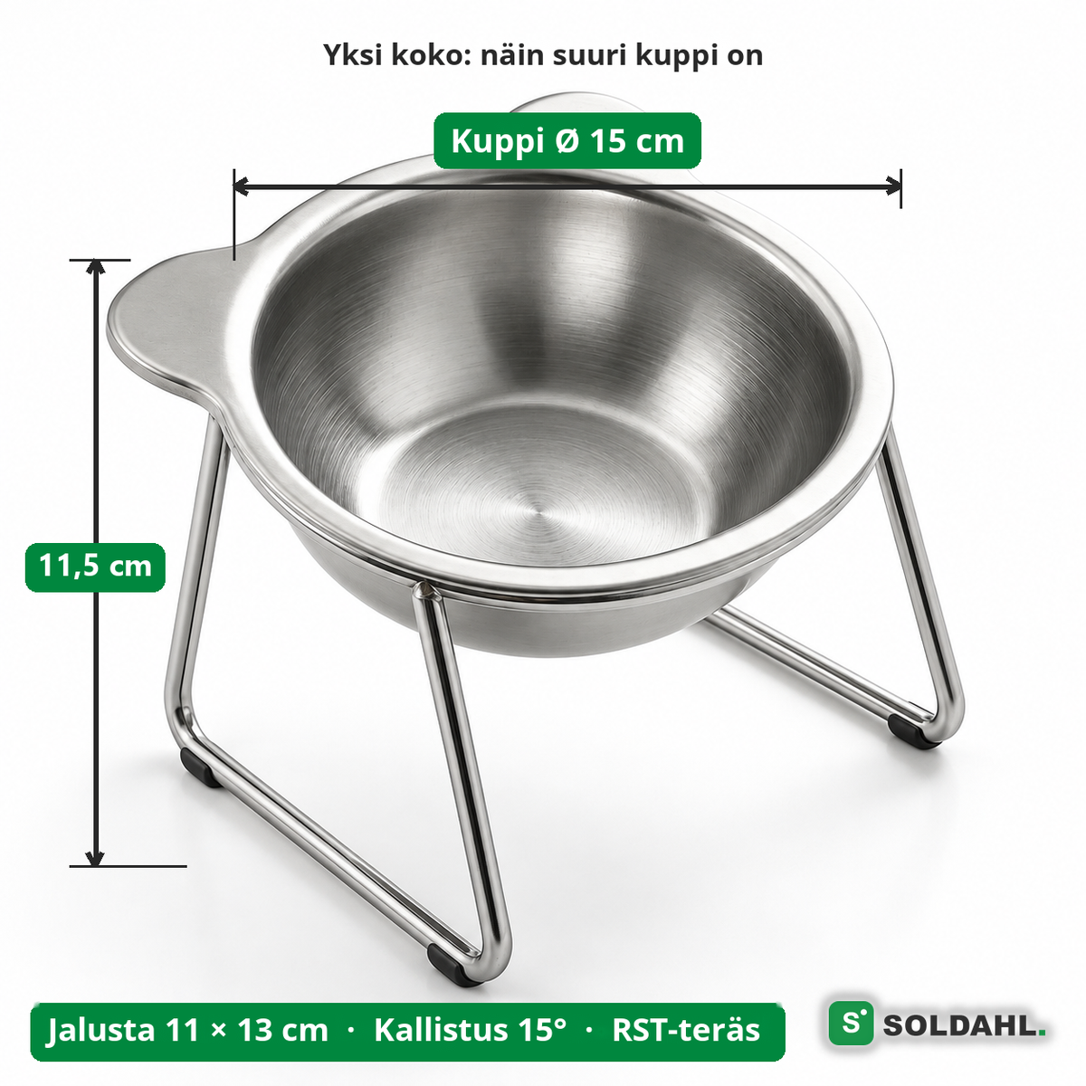 Kupin mitat: Ø 15 cm, korkeus 11,5 cm, jalusta 11 × 13 cm
