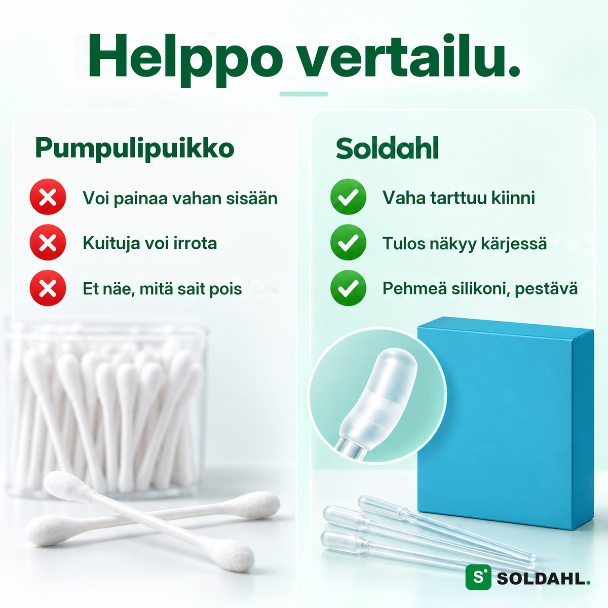 Vertailu pumpulipuikon ja Soldahl Korvanpuhdistimen välillä kahdessa sarakkeessa, hyvät ja huonot puolet