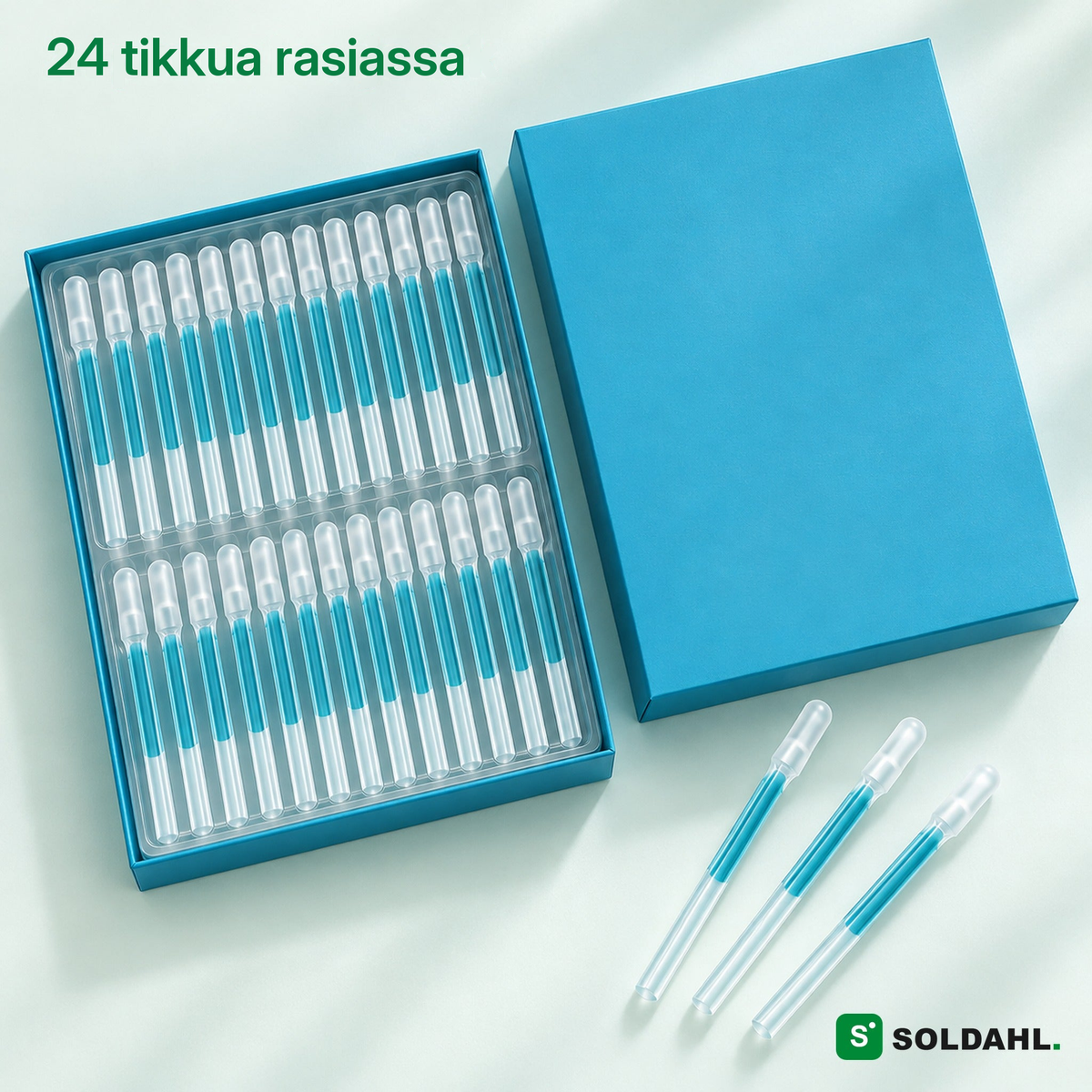 Avattu rasia, jossa 24 tikkua alustassa ja kolme irtonaista tikkua, teksti 24 tikkua jokaisessa rasiassa