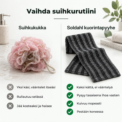 Suihkukukka verrattuna Soldahl-kuorintapyyhkeeseen, hyvät ja huonot puolet