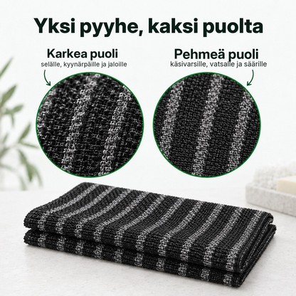 Lähikuva pyyhkeen karkeasta ja pehmeästä puolesta