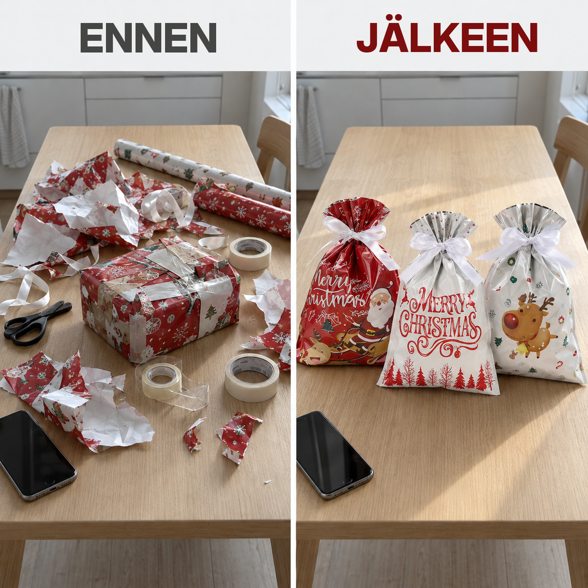 Ennen paperilla ja teipillä, jälkeen joululahjapusseilla