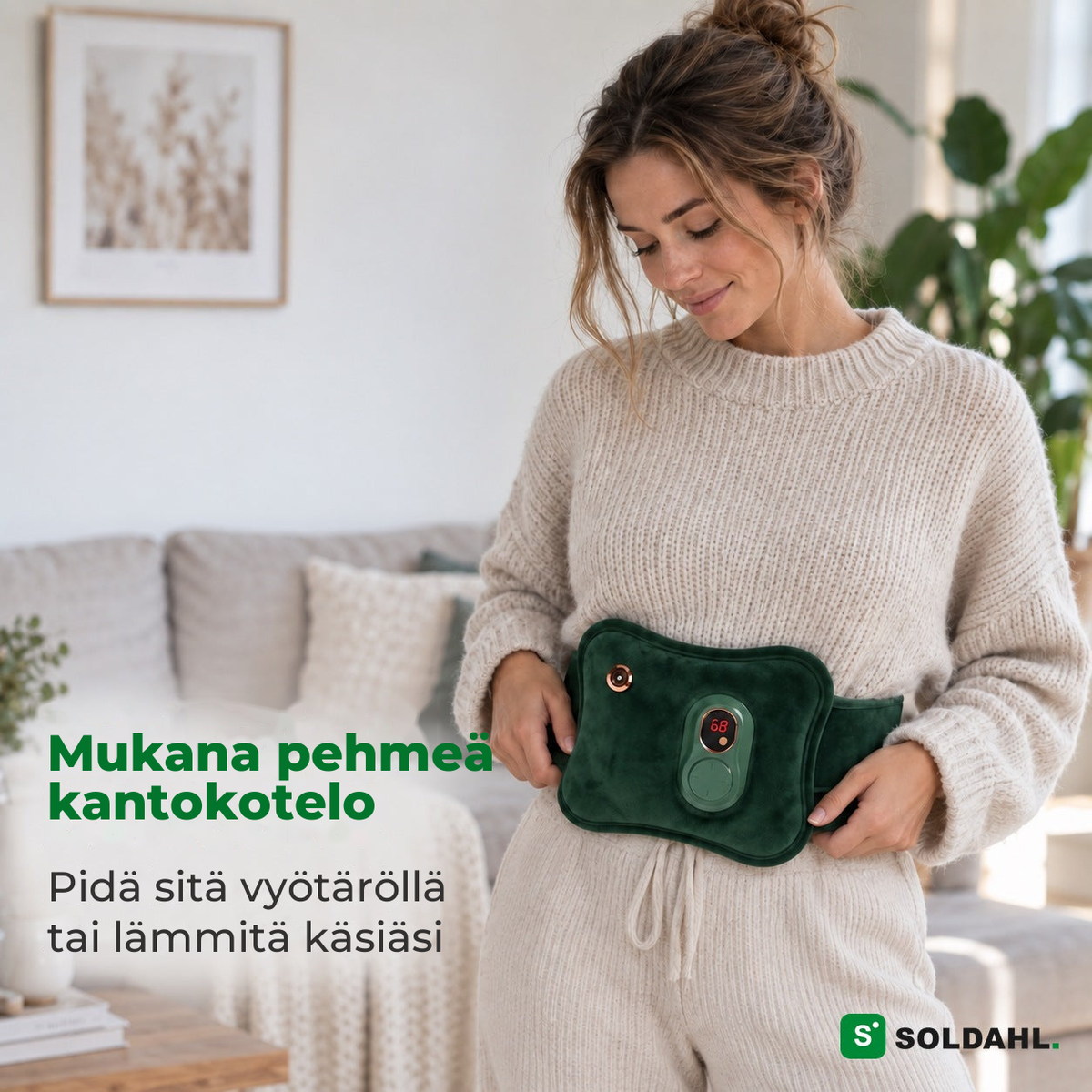Lämpöpullo kantokotelossa vyötärön ympärillä