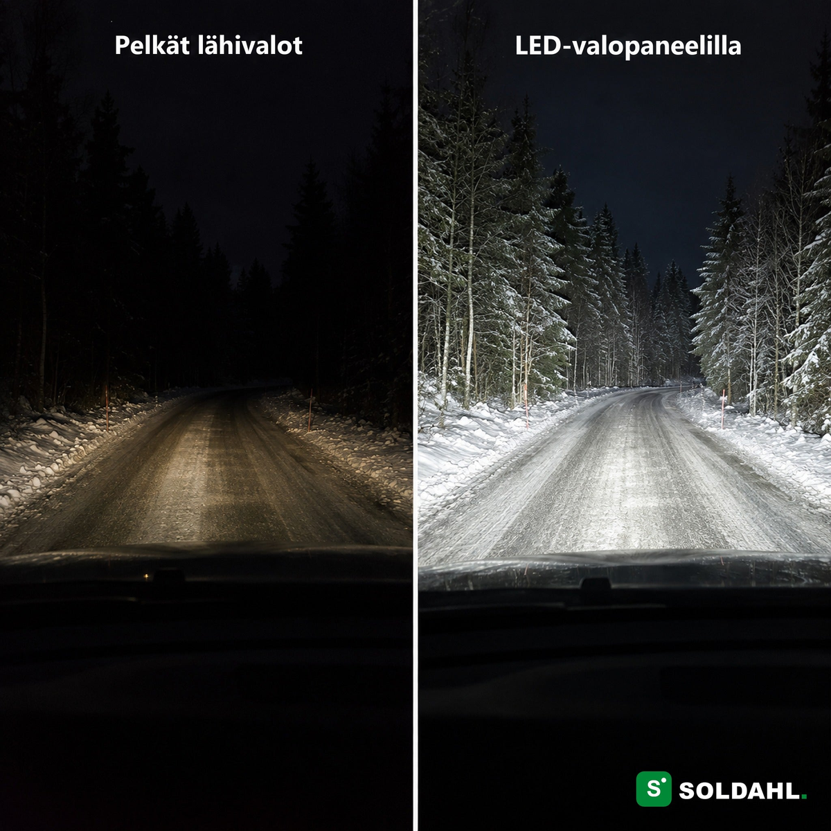 Vertailu: pelkät lähivalot ja LED-valopaneeli pimeällä metsätiellä