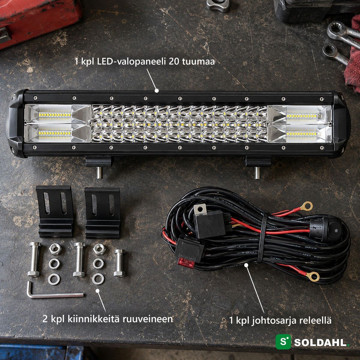 Mitä pakkaus sisältää: LED-valopaneeli, kaksi kiinnikettä ruuveineen ja johtosarja releellä