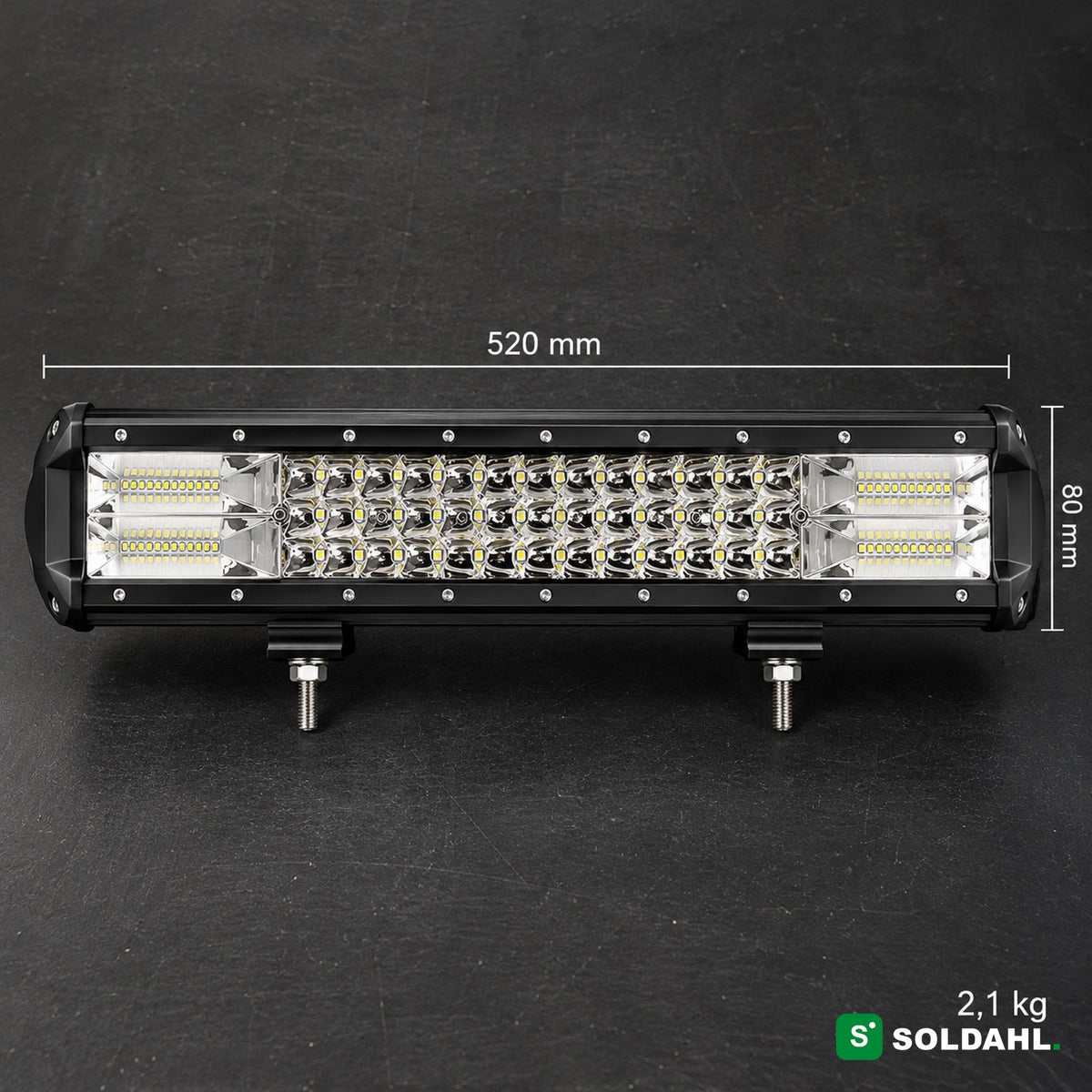 LED-valopaneelin mitat: 520 mm pitkä, 80 mm korkea ja 2,1 kg