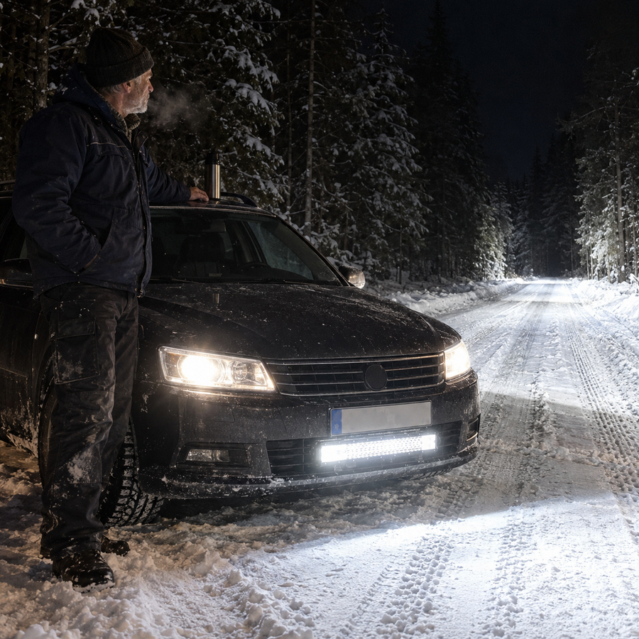 Pimeä maantie ja liian vähän valoa auton edessä? Auton lähivalot valaisevat jonkin matkaa, mutta tienreuna ja se, mitä on kauempana, näkyvät myöhään.