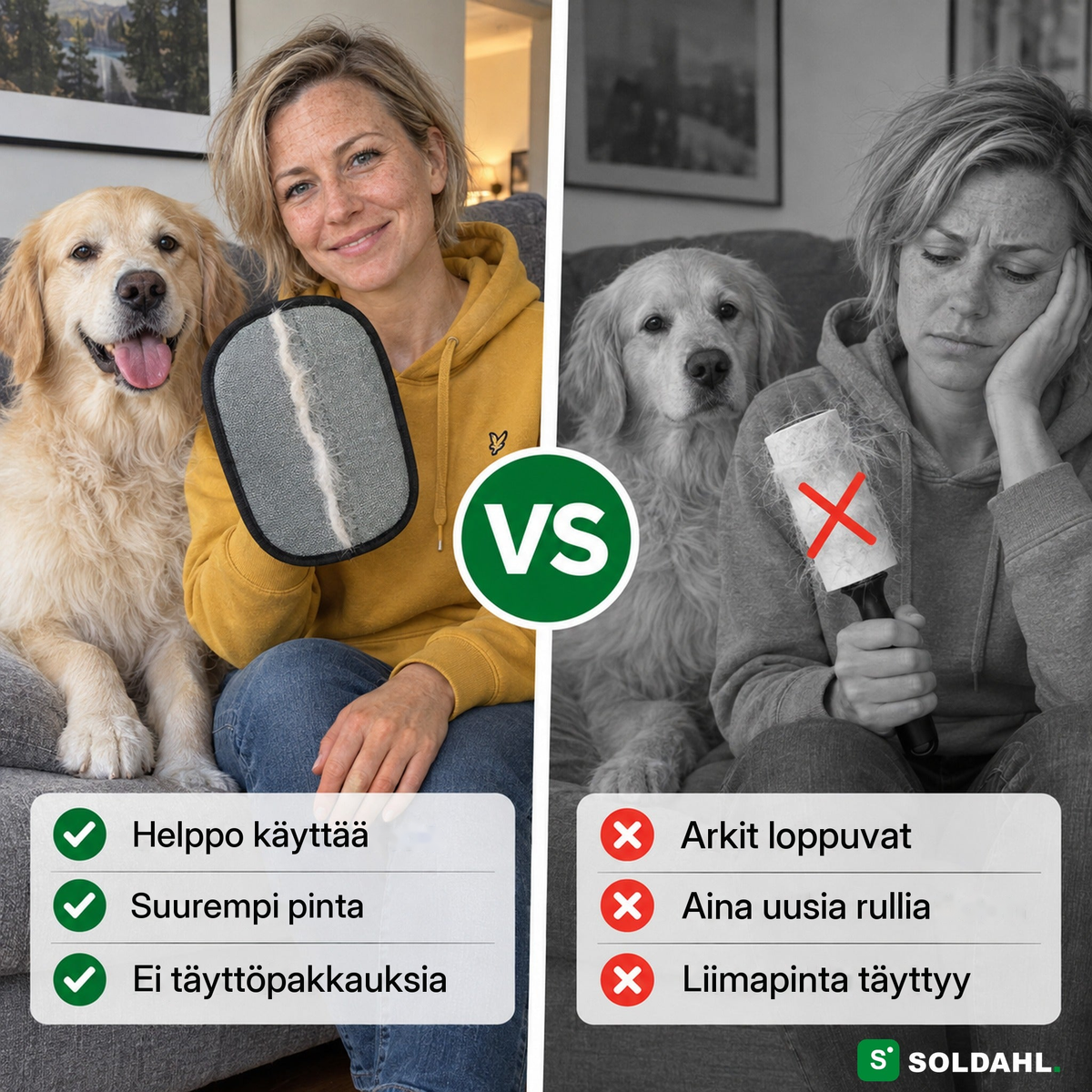 Nainen ja kultainennoutaja esittelevät lemmikkikarvahanskaa koirankarvoja täynnä olevan nukkarullan vieressä