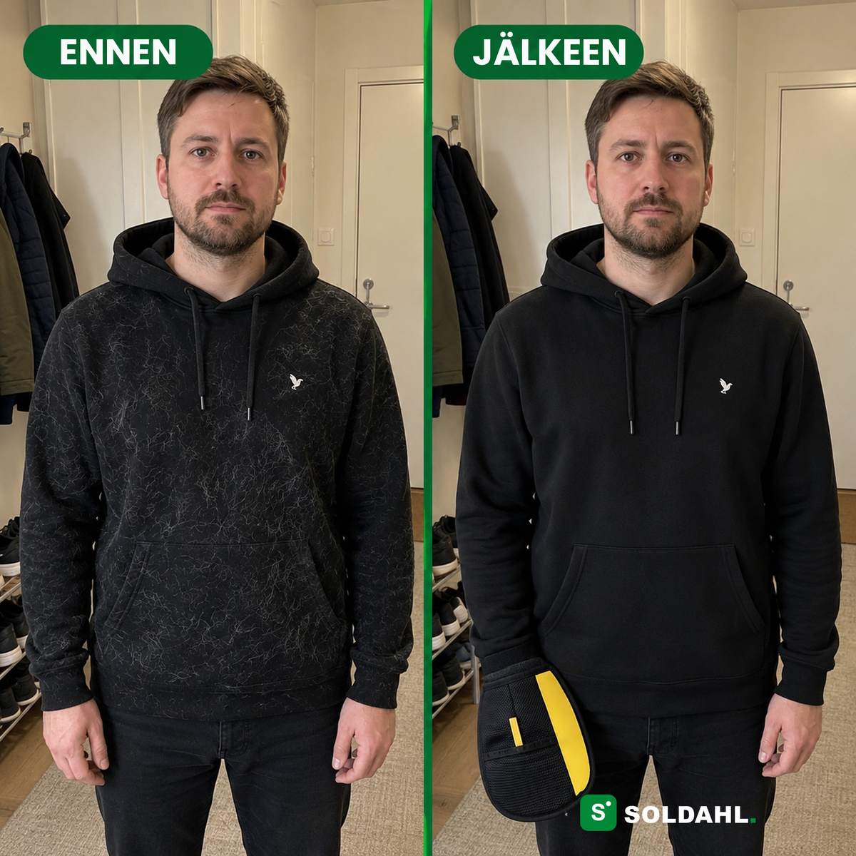 Musta huppari ennen ja jälkeen lemmikkikarvahanskan, eläinkarvat poissa