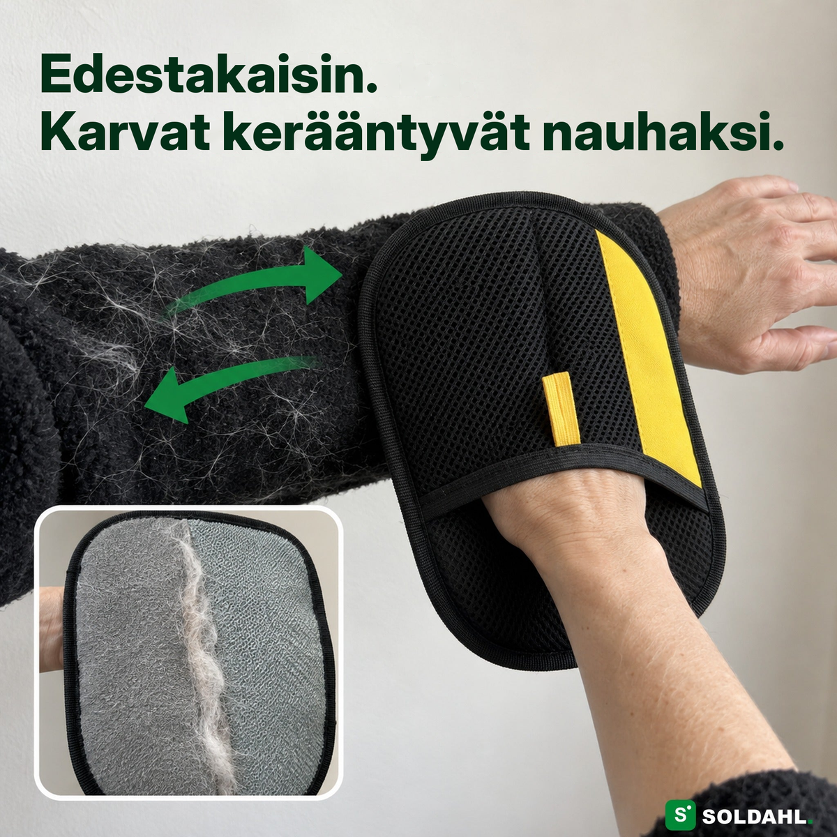 Käsi hanskan kanssa vetää edestakaisin paidan hihan yli ja kerää koirankarvat nauhaksi