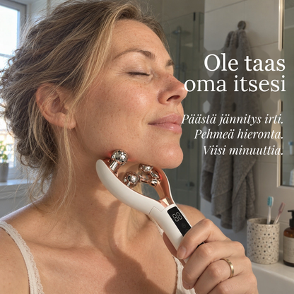 Nainen silmät kiinni rullaa Käkroa leukalinjaa pitkin kylpyhuoneessa