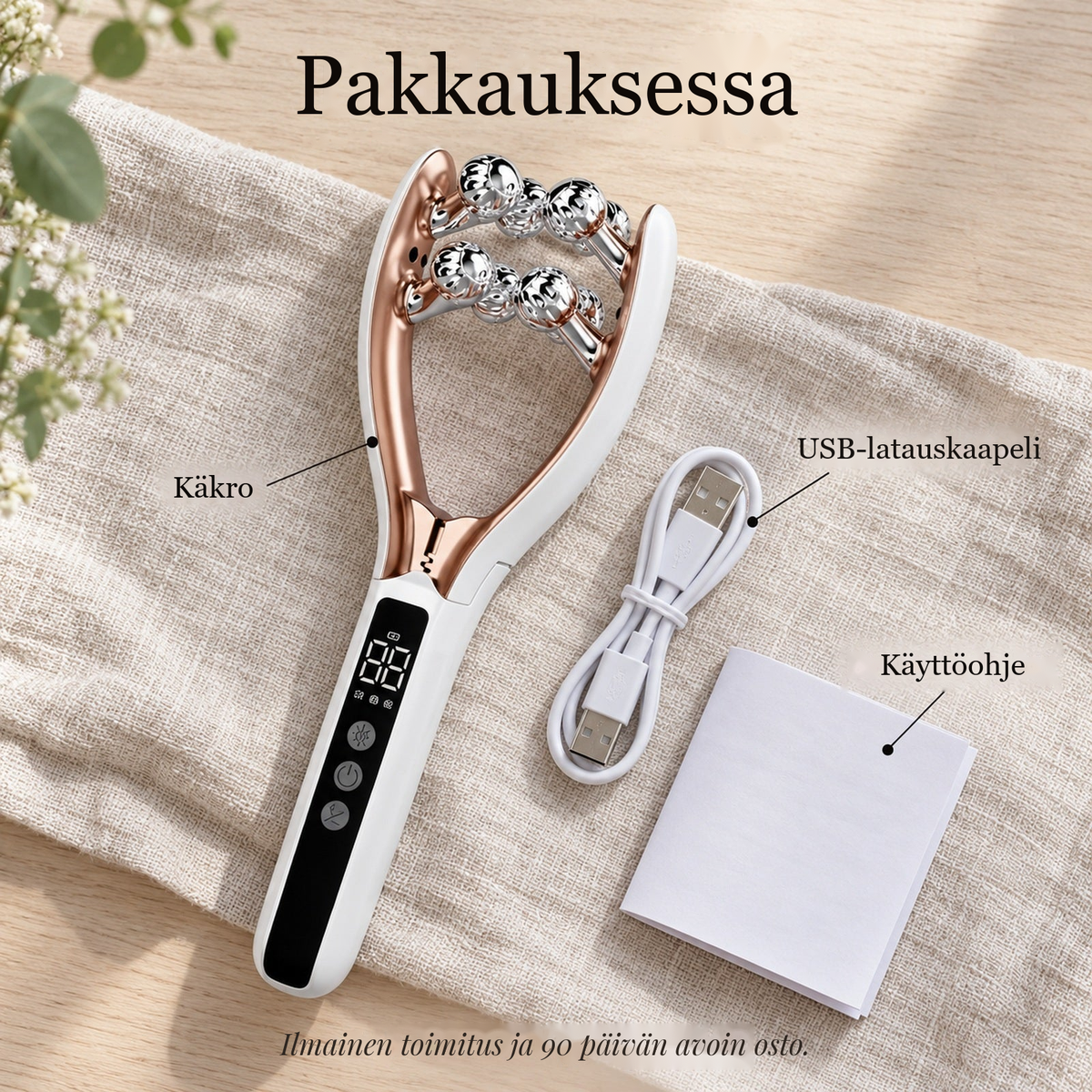 Käkro-kasvorulla, USB-latauskaapeli ja käyttöohje pellavakankaalla