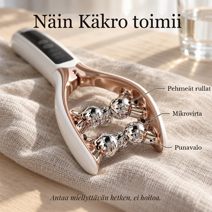 Lähikuva Käkron ruusukullan sävyisistä metallirullista pellavakankaalla, näin Käkro toimii