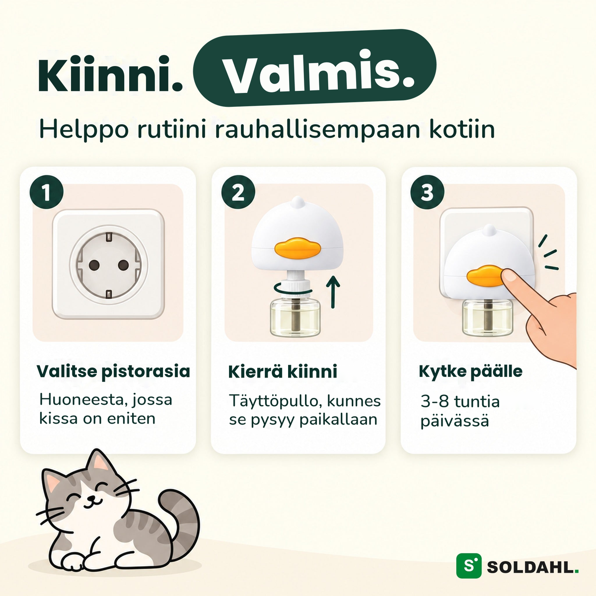 Laita pistorasiaan, kierrä täyttöpullo kiinni ja kytke päälle, kolme helppoa vaihetta