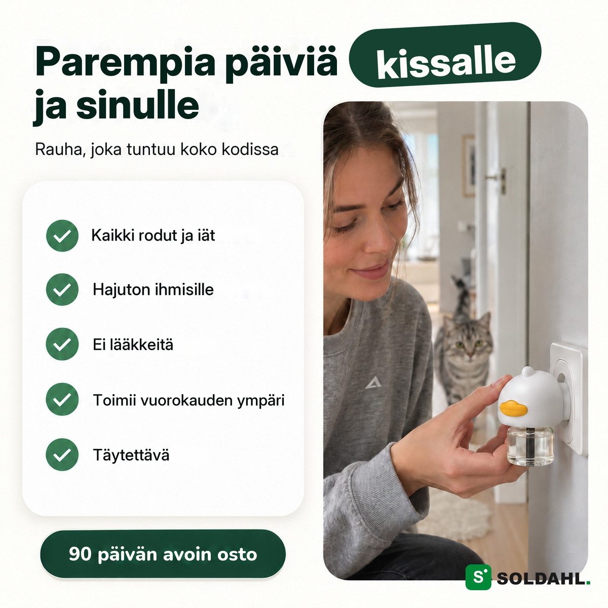 Nainen laittaa Lugnhemin pistorasiaan, hajuton ihmisille ja ilman lääkkeitä