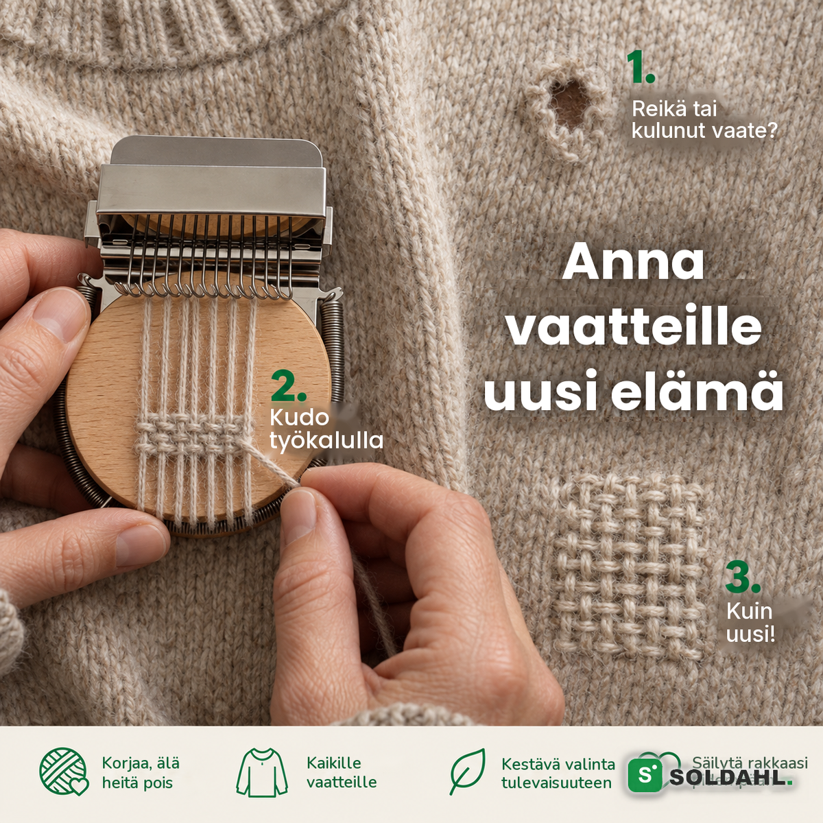 Kädet kutovat umpeen reiän neulepuserossa minikangaspuun avulla