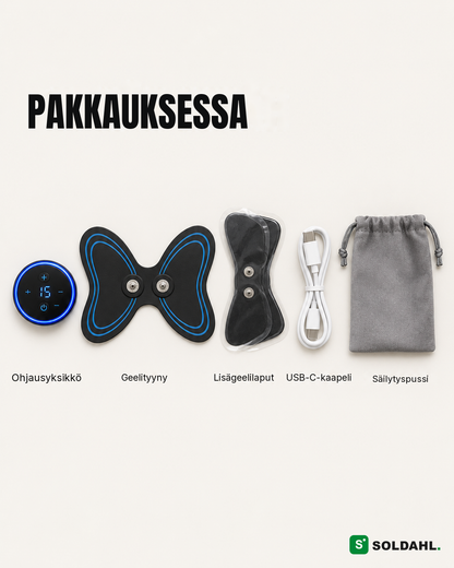 Pakkaus sisältää: ohjausyksikkö, geelityyny, ylimääräiset geelilaput, USB-C-kaapeli, säilytyspussi
