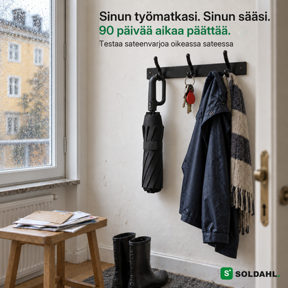 Kokoon taitettu Myrskysateenvarjo roikkuu rengaskahvastaan koukussa eteisessä