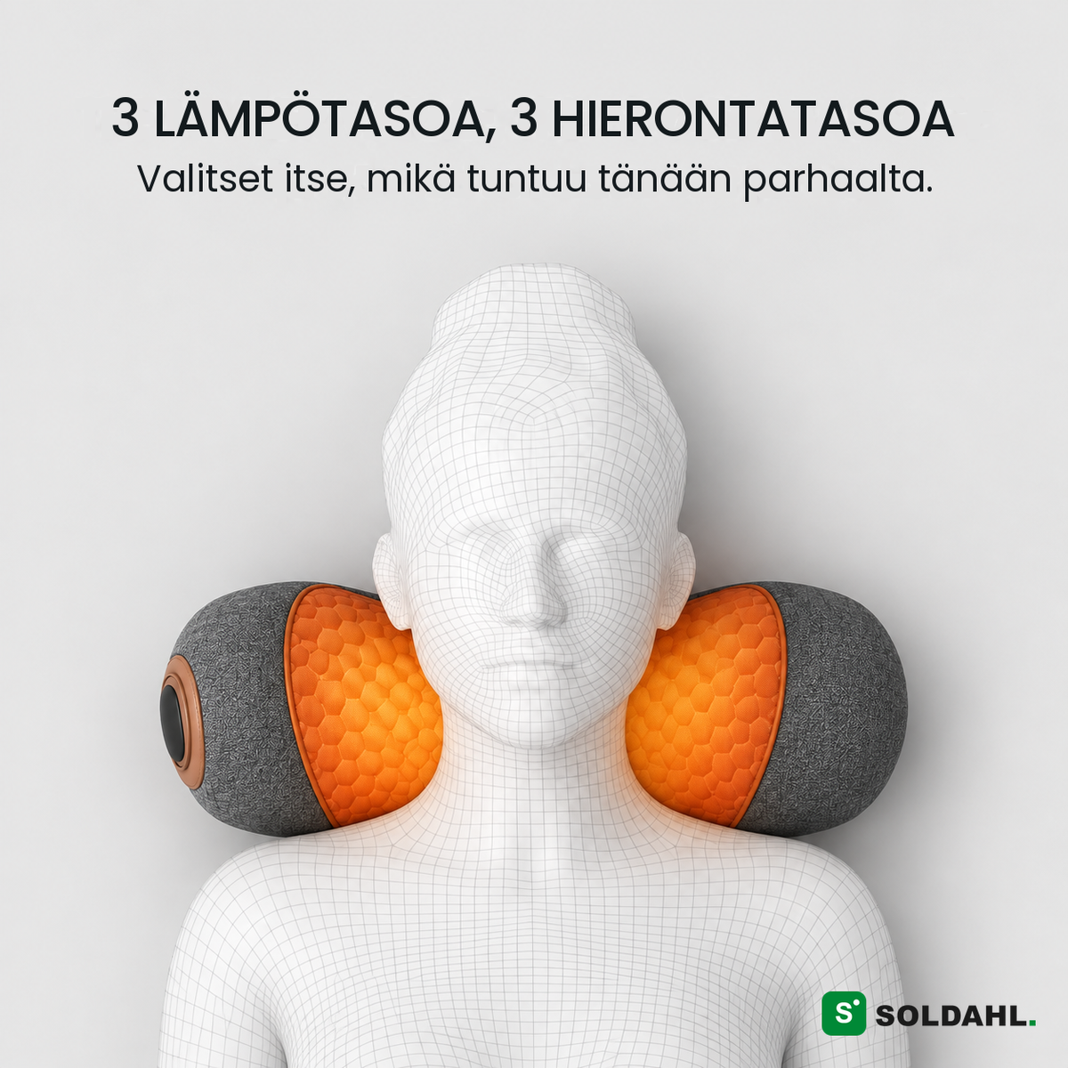 Soldahl® Nackvila, kolme lämpötasoa ja kolme hierontatasoa