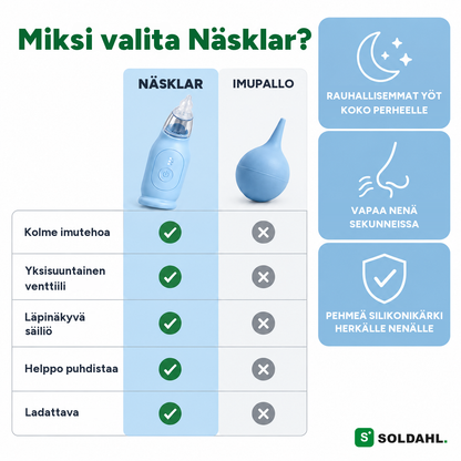 Miksi valita Näsklar: vertailu imupalloon, pehmeä silikonikärki herkälle nenälle