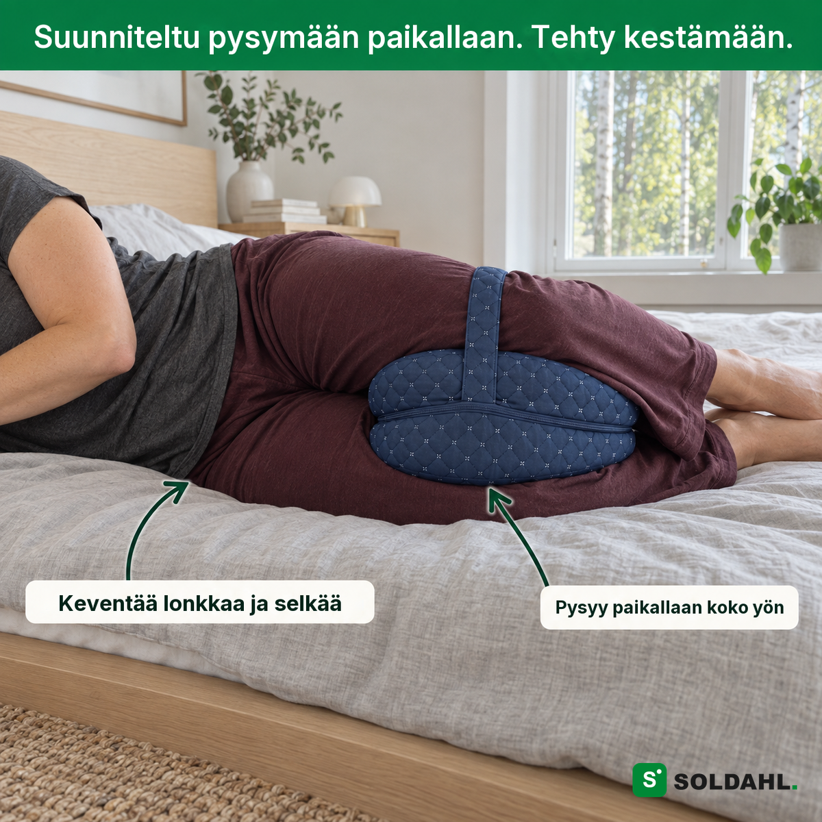Suunniteltu pysymään paikallaan: Soldahl Nattro keventää lonkan ja selän kuormitusta ja pysyy paikallaan koko yön