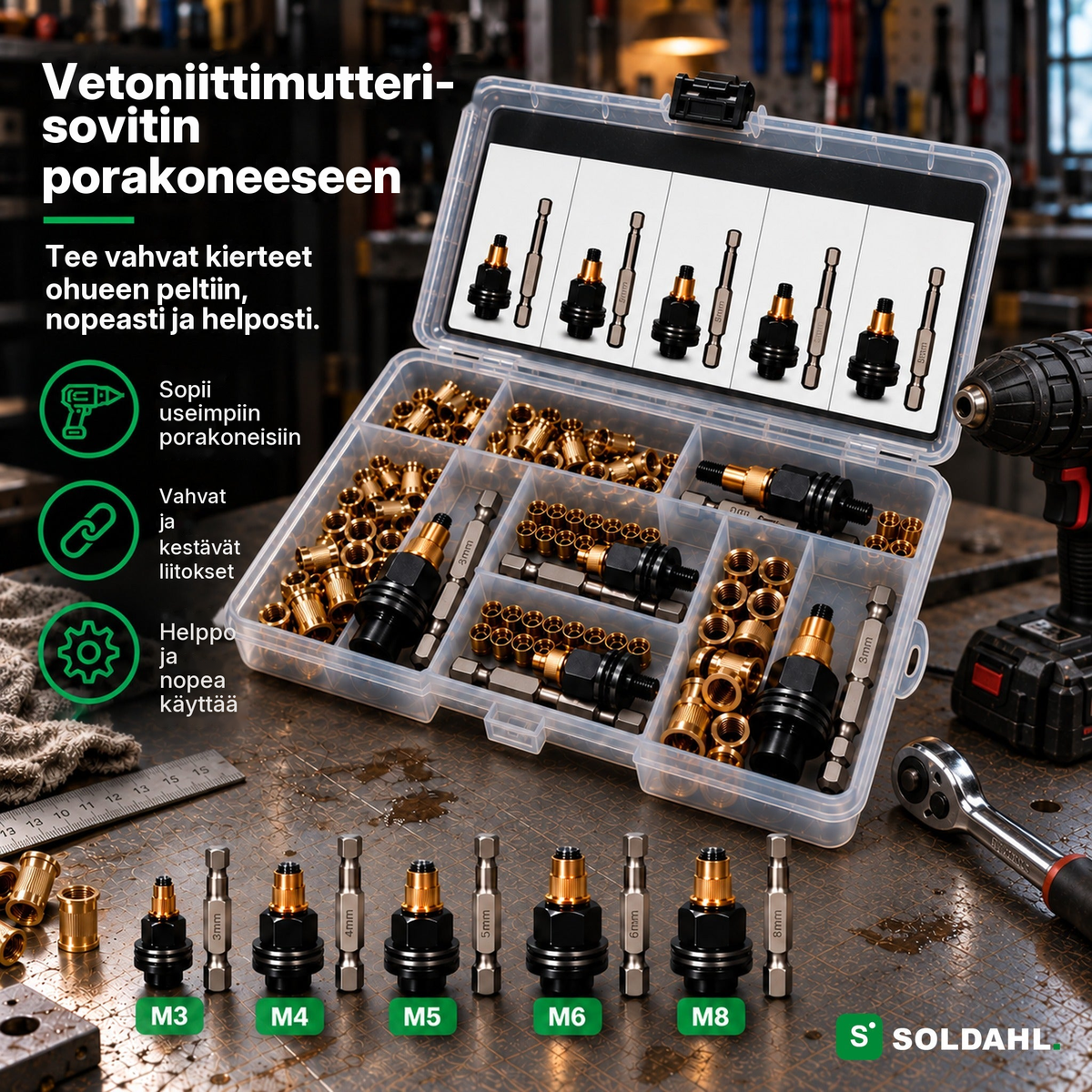 Soldahl Nitfast vetoniittimutterisovitin porakoneeseen, avoin rasia, jossa viisi sovitinta, kärjet ja vetoniittimutterit työpenkillä