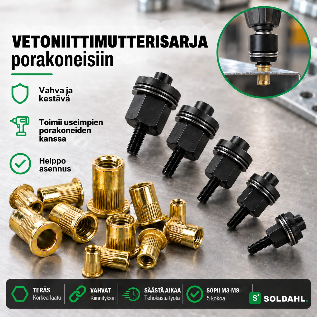 Vetoniittimutterisarja porakoneisiin, sovittimet ja vetoniittimutterit sekä suurennos asennuksesta peltiin
