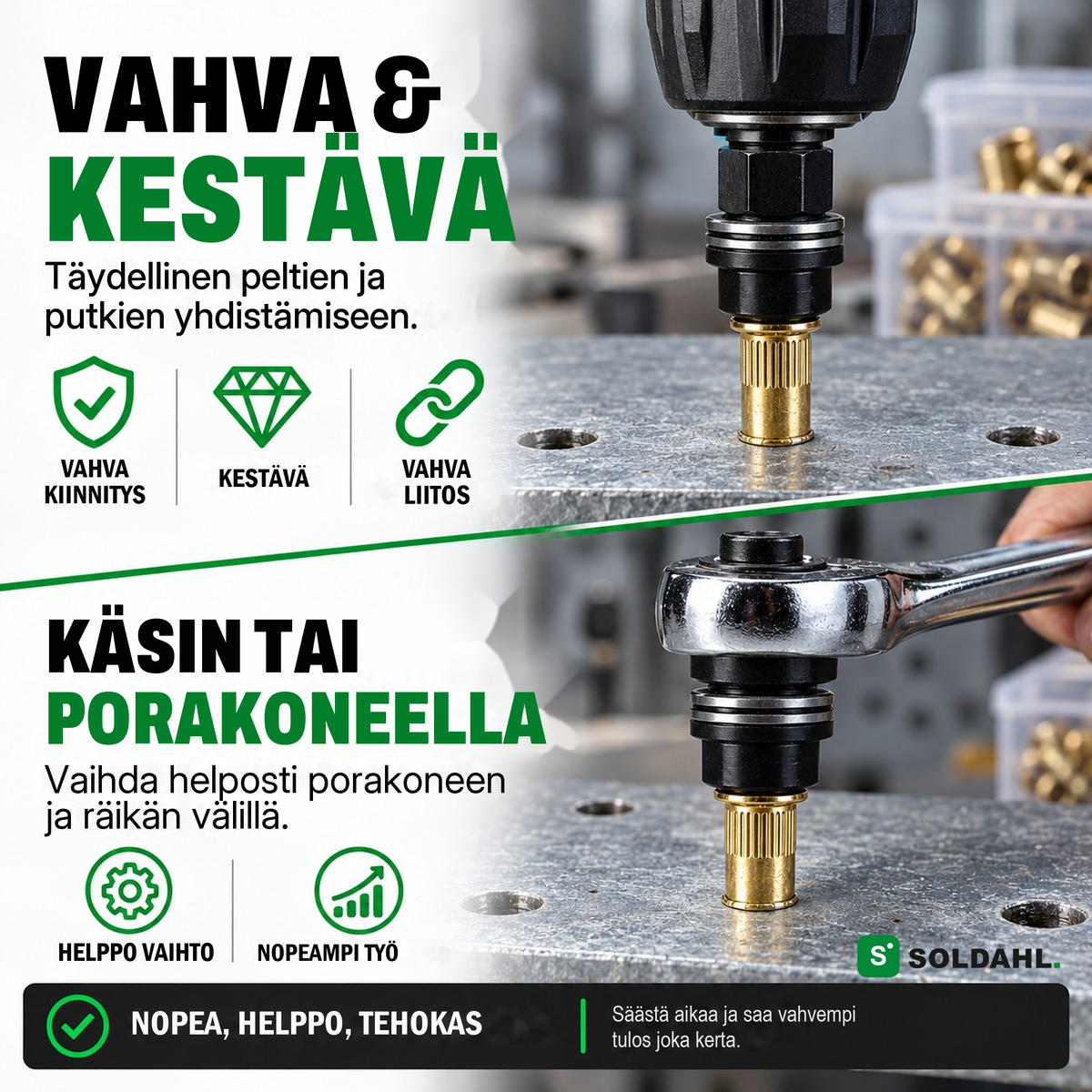 Nitfast-sovitin asentaa vetoniittimutterin peltiin, käsin räikällä tai porakoneella