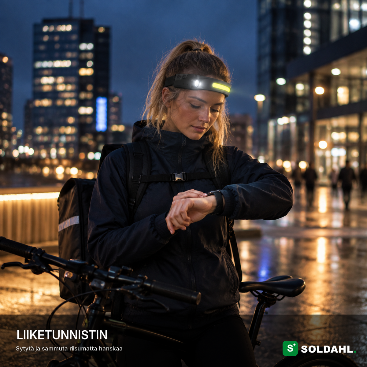 Pyöräilijä kaupungissa illalla Vidsynin kanssa, liiketunnistin sytyttää valon riisumatta hanskaa