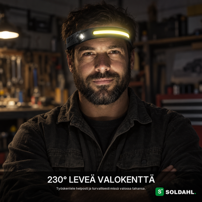 Mies, jolla on Vidsyn otsalamppu otsalla, 230 asteen leveä valokeila
