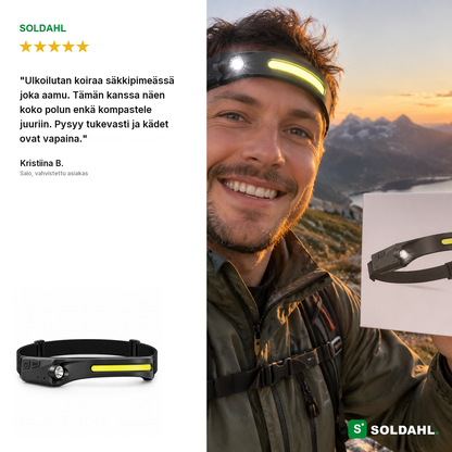 Retkeilijä Vidsyn otsalampun kanssa, ja Kristiina B.:n arvio