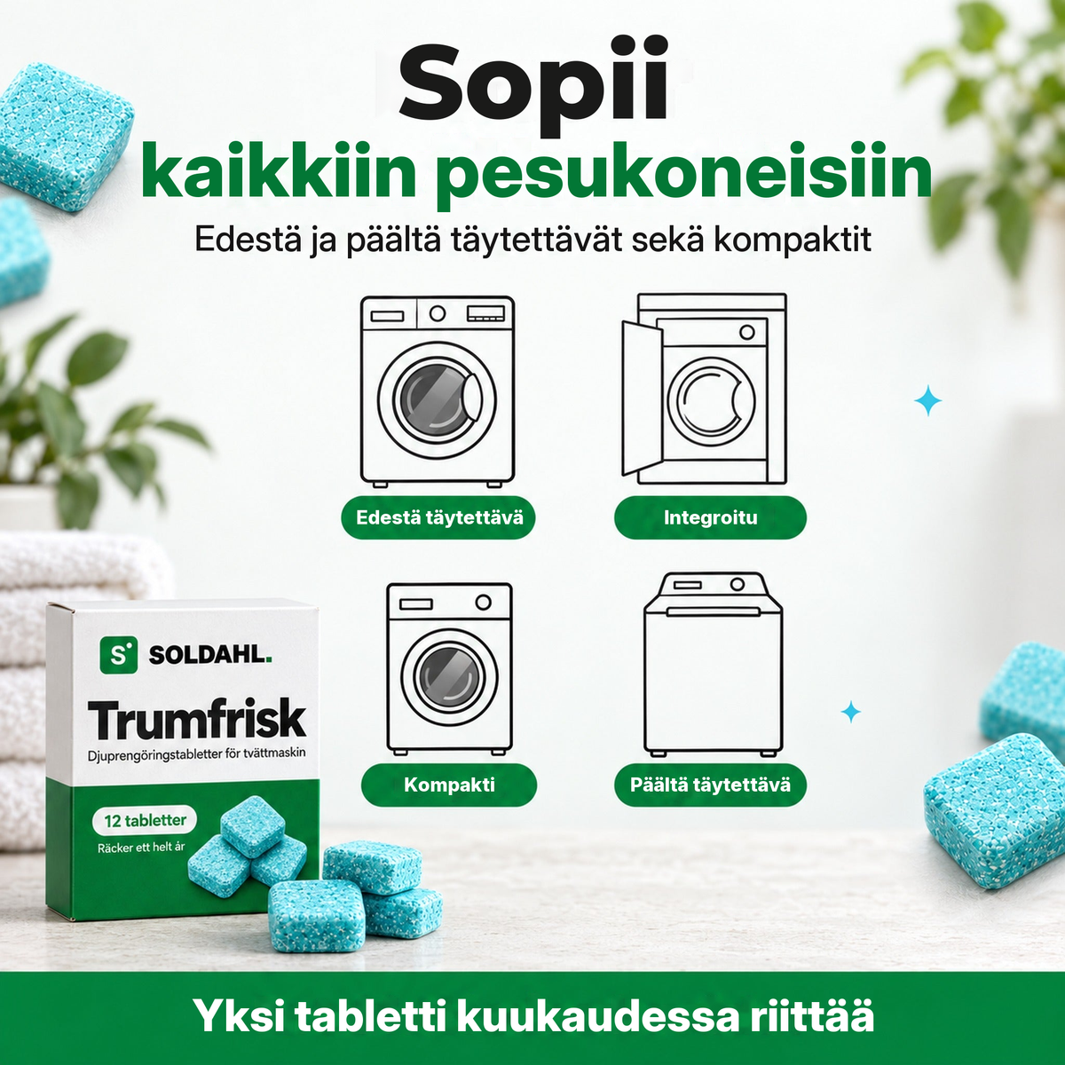 Sopii edestä täytettäviin, päältä täytettäviin, kompakteihin ja integroituihin pesukoneisiin